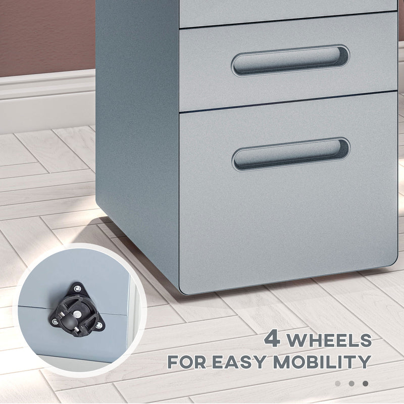 Vinsetto 3 Drawer Modern Steel Filing Cabinet w/ 4 Wheels Lock Pencil Box Grey
