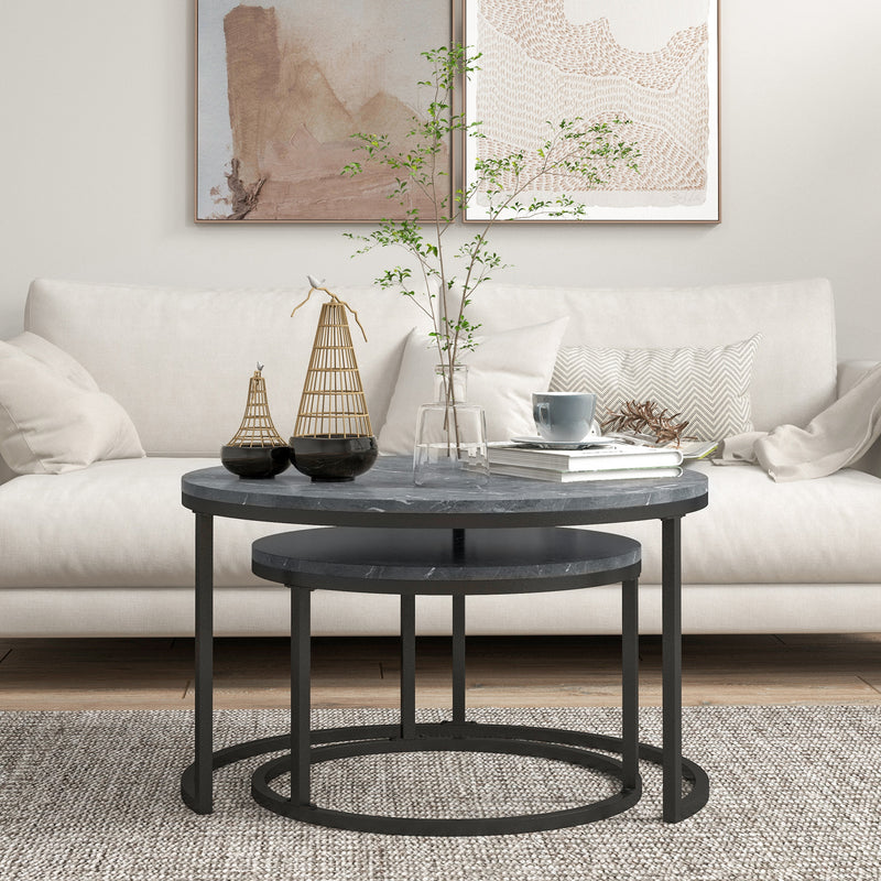 HOMCOM 2 Pcs Stacking Coffee Table Set Steel Frame Marble-Effect Top Foot Pads