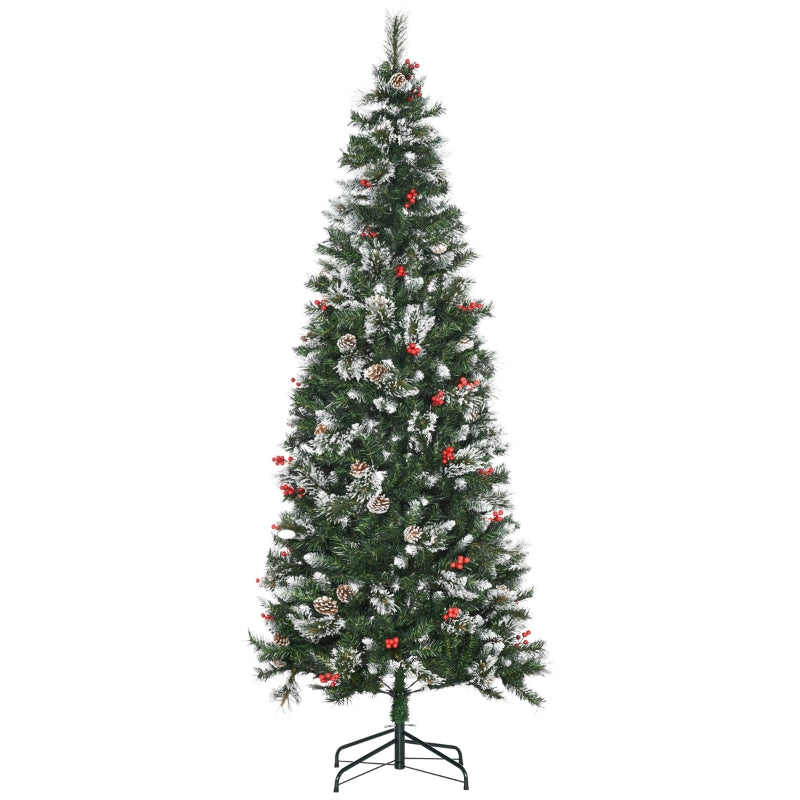 HOMCOM Christmas Tree Snow Dipped Slim 7' with Pine Cones & Berries