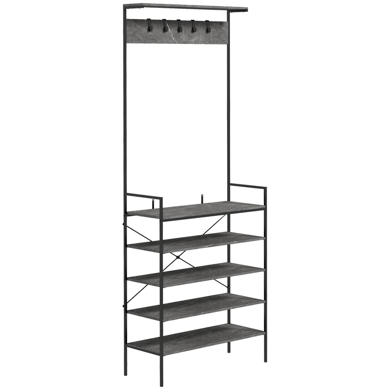 HOMCOM Kitchen Baker's Rack, Industrial Microwave Stand, Coffee Bar Table with Storage Shelves and 5 Hooks for Spices, Cups, Pots and Pans, Grey Marbled