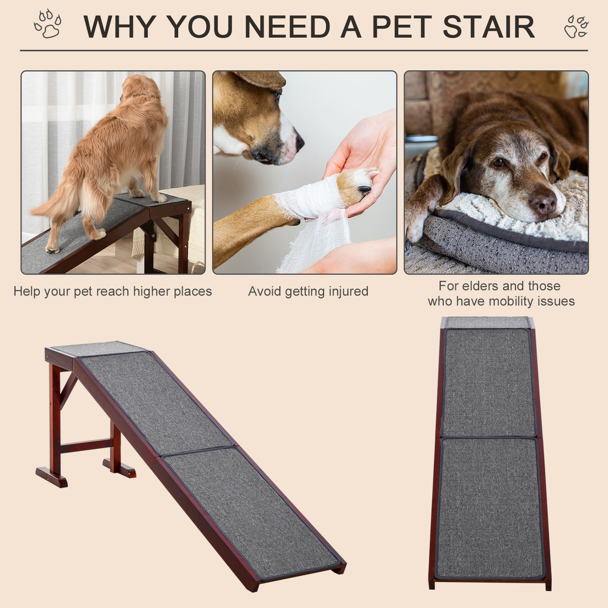 PAWBLISS Adjustable Dog Ramp For Beds & Couches - 6 Height Settings (12.2-25.5"), Solid Wood, Supports 200lbs, Non-Slip Carpet