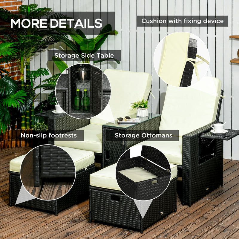 Outsunny Recliner Rattan Sun Lounger w/ Storage Tea Table & Footstools, Balck