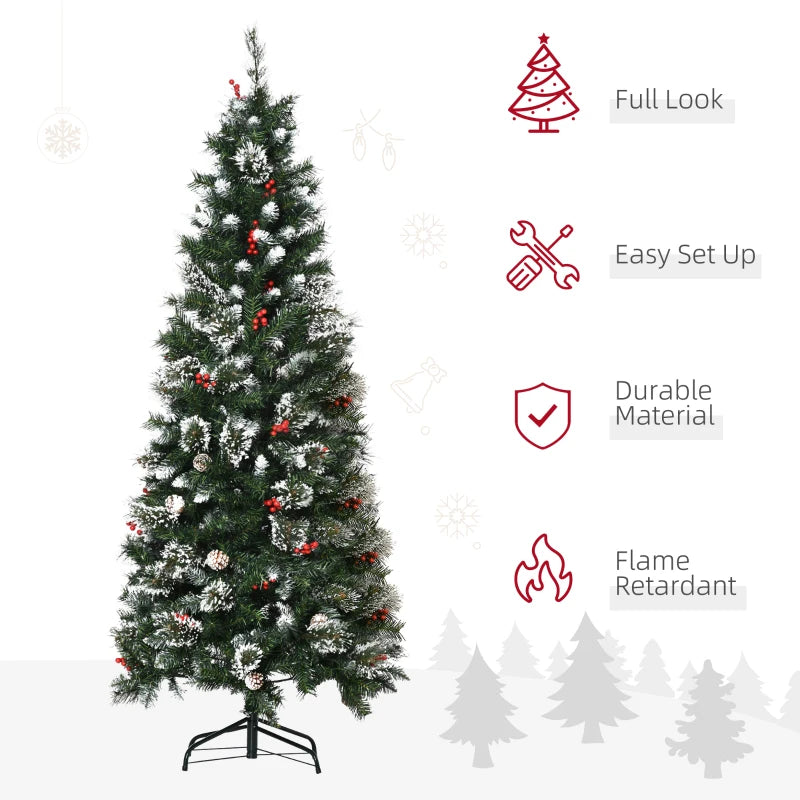 HOMCOM Christmas Tree Snow Dipped Slim 6' with Pine Cones & Berries