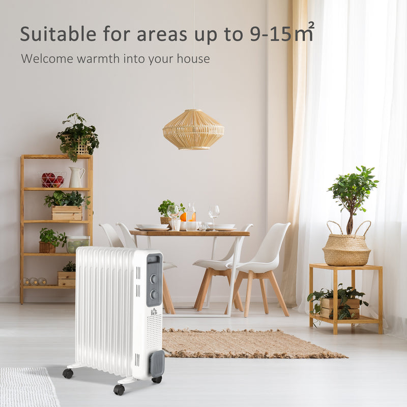 HOMCOM Oil Filled Radiator 11 Fin Portable Heater w/ Wheels and 3 Heat Settings, White