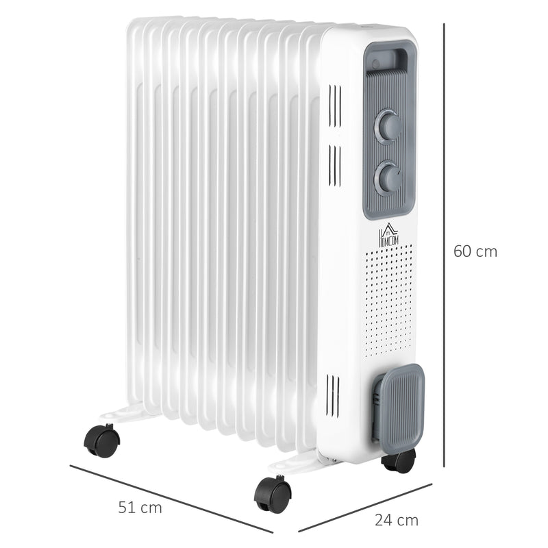 HOMCOM Oil Filled Radiator 11 Fin Portable Heater w/ Wheels and 3 Heat Settings, White