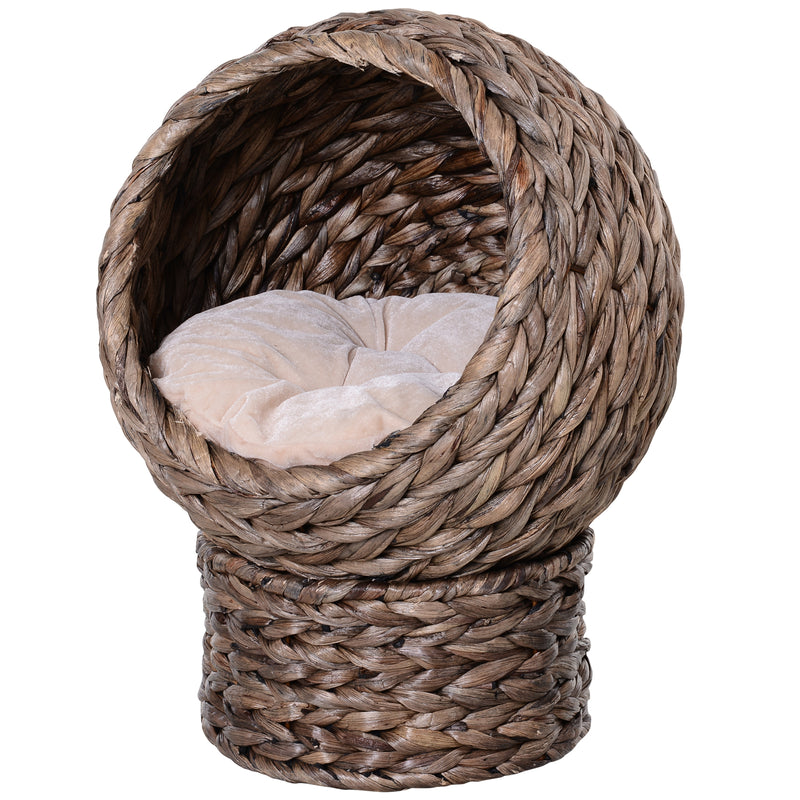 Wicker Cat House, Raised Cat Bed with Cushion, 42 x 33 x 52cm - Dark Brown