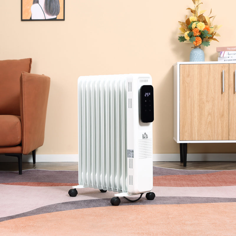 HOMCOM 2720W Oil Filled Radiator, 11 Fin Portable Electric Heater with LED Display, 24H Timer, 3 Heat Settings, Adjustable Thermostat, Safety Cut off, Remote Control, White