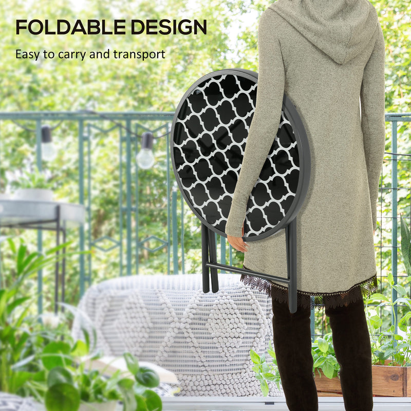 Outsunny Round Folding Side Table w/ Imitation Marble Glass Top, Black & White