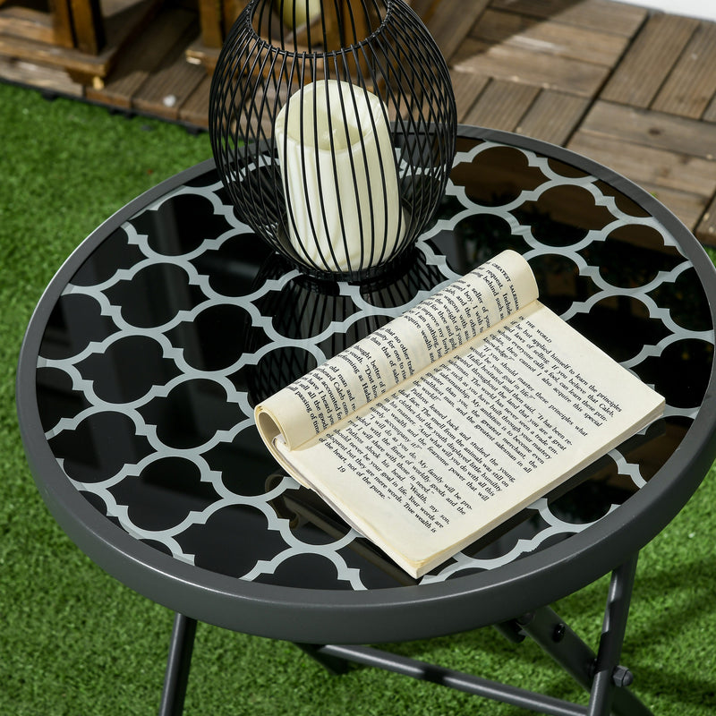 Outsunny Round Folding Side Table w/ Imitation Marble Glass Top, Black & White