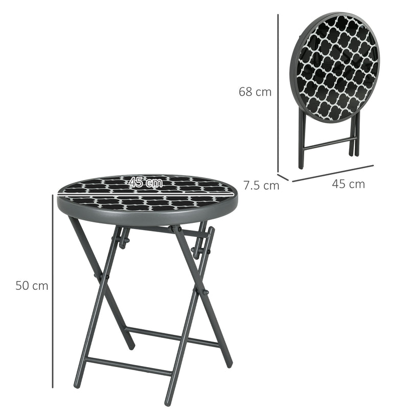 Outsunny Round Folding Side Table w/ Imitation Marble Glass Top, Black & White