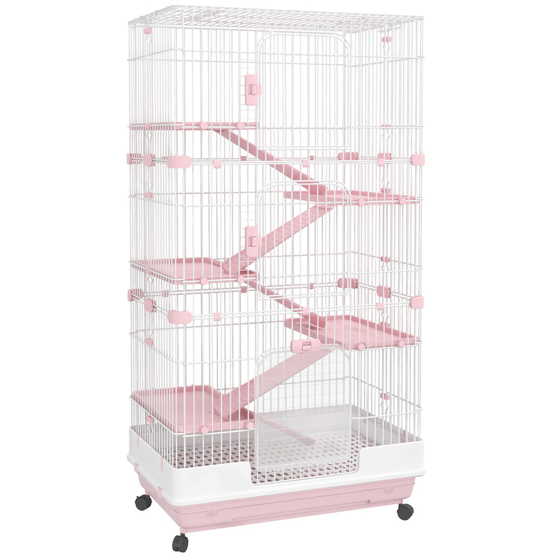 PawHut Six-Level Small Animal Cage, Indoor Pet House, Pink, 81 x 52.5 x 159 cm