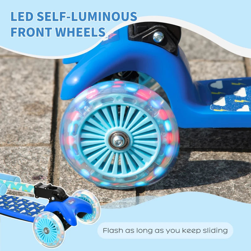 HOMCOM Childrens Foldable 3 Wheel Scooter with Flashing Lights - Blue