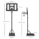 SPORTNOW Basketball Backboard Hoop Net Set with Wheels, 200-305cm, Black
