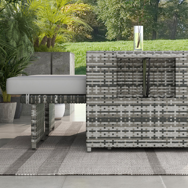 Outsunny Recliner Rattan Sun Lounger w/ Storage Tea Table & Footstools, Grey