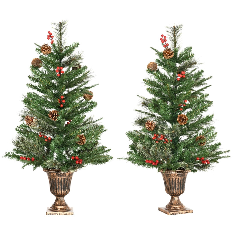 HOMCOM Christmas Tree Set of 2 3' with Red Berries and Gold Pots