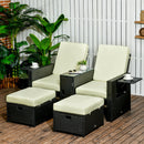 Outsunny Recliner Rattan Sun Lounger w/ Storage Tea Table & Footstools, Balck