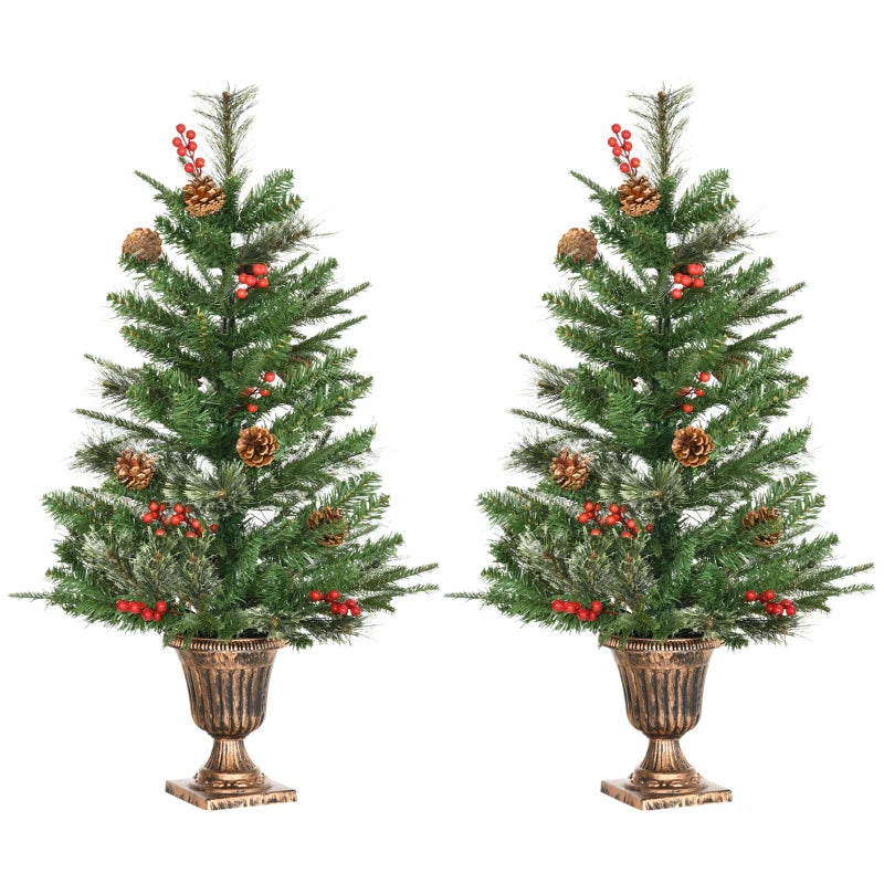 HOMCOM Christmas Tree Set of 2 3' with Red Berries and Gold Pots