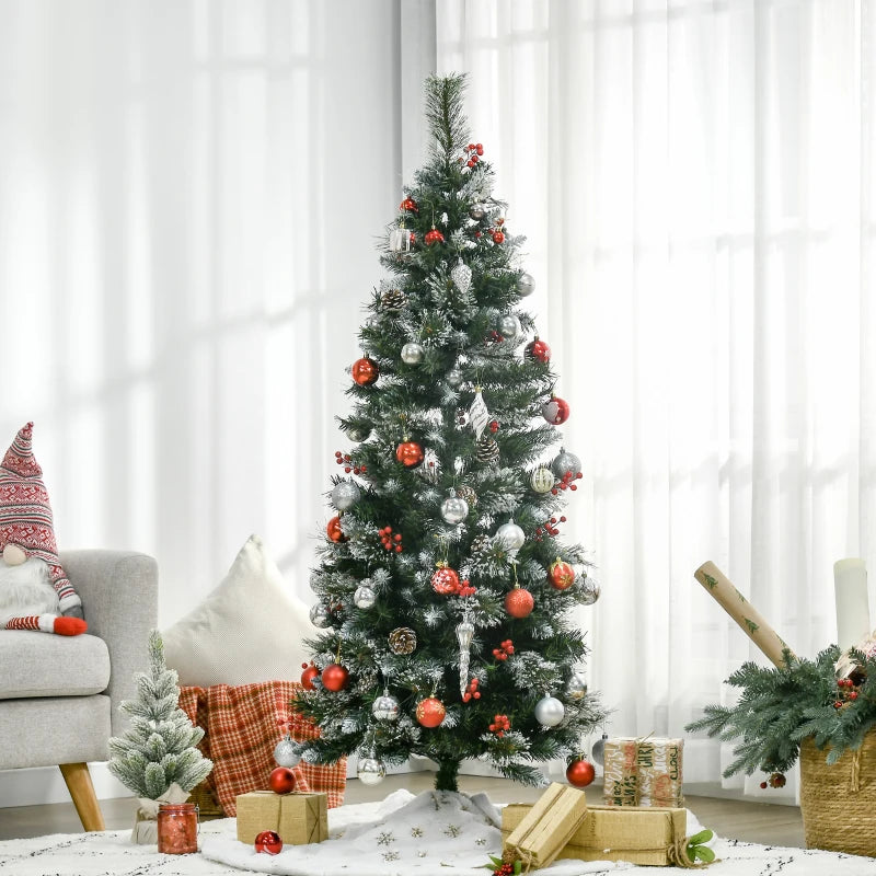 HOMCOM Christmas Tree Snow Dipped Slim 5' with Pine Cones & Berries