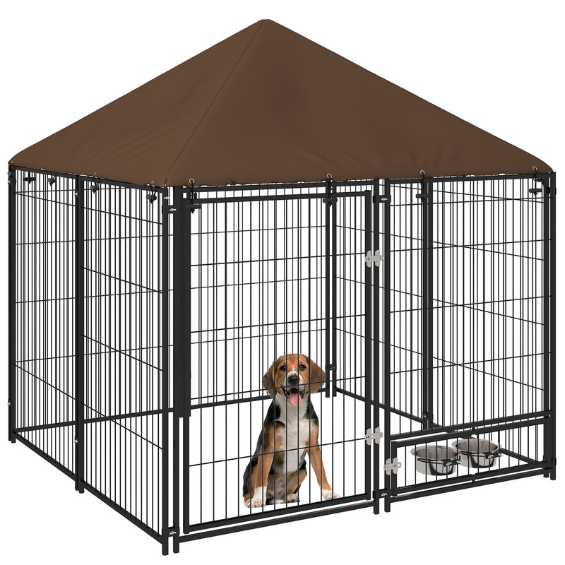 PawHut Outdoor Dog House Kennel with Canopy Top & Lock Rotating Bowl Holder