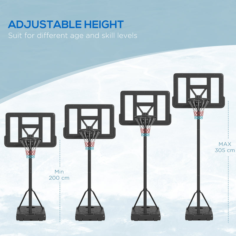 SPORTNOW Basketball Backboard Hoop Net Set with Wheels, 200-305cm, Black