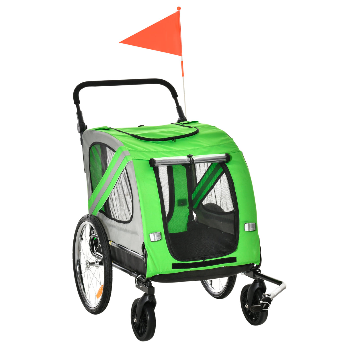 green dog stroller PawHut 2-In-1 Green Dog Bike Trailer Stroller w/ Universal Wheel Refle