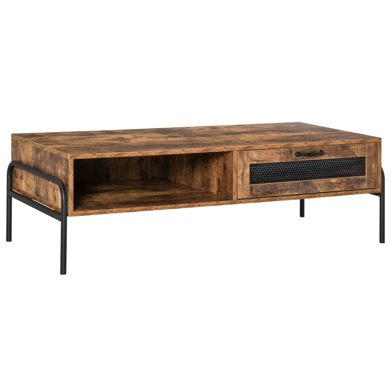 HOMCOM Industrial Coffee Table W/ Drawer and Open Storage Compartment Metal Legs