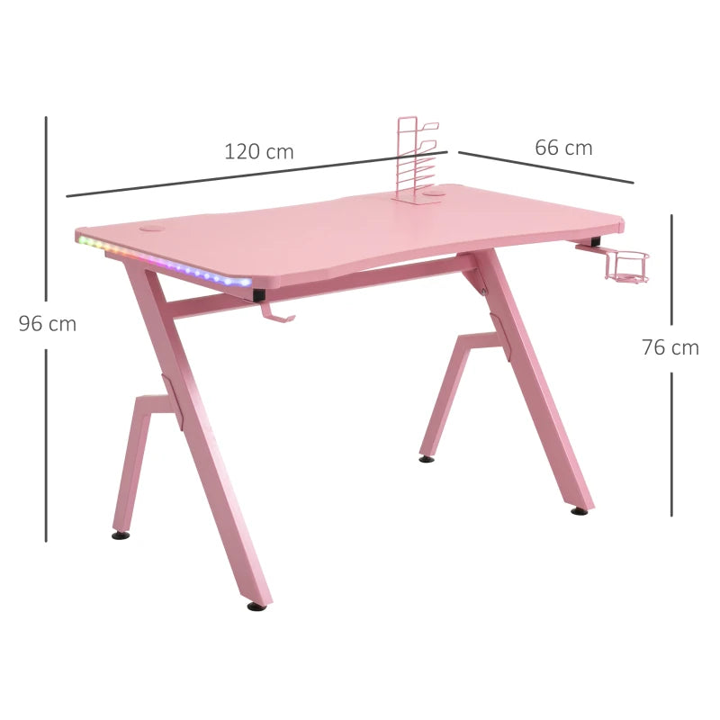 HOMCOM Gaming Desk with LED Lighting Strip 120cm Pink