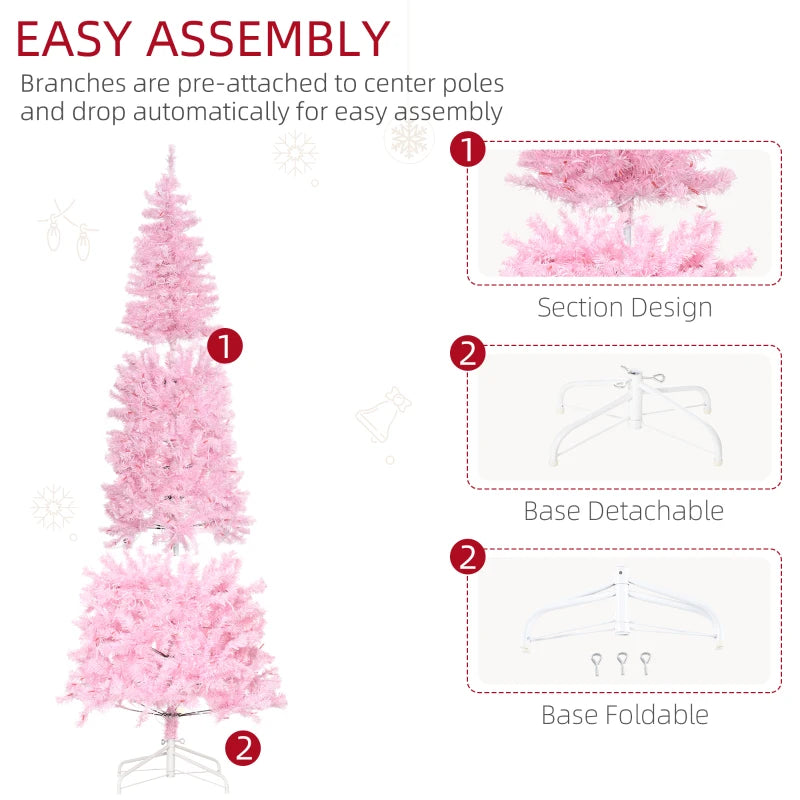 HOMCOM Christmas Tree Slim Pink 6' with 300 Warm White LED Lights