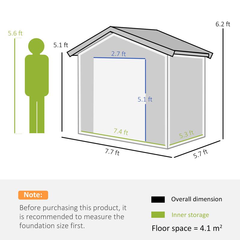 Outsunny 8 x 6ft Garden Storage Shed w/ Double Sliding Door Outdoor Light Grey