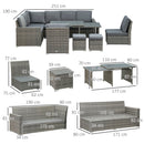 Outsunny 10-Seater Sofa Sectional W/ Cushioned Seat, Footstools and Glass Table