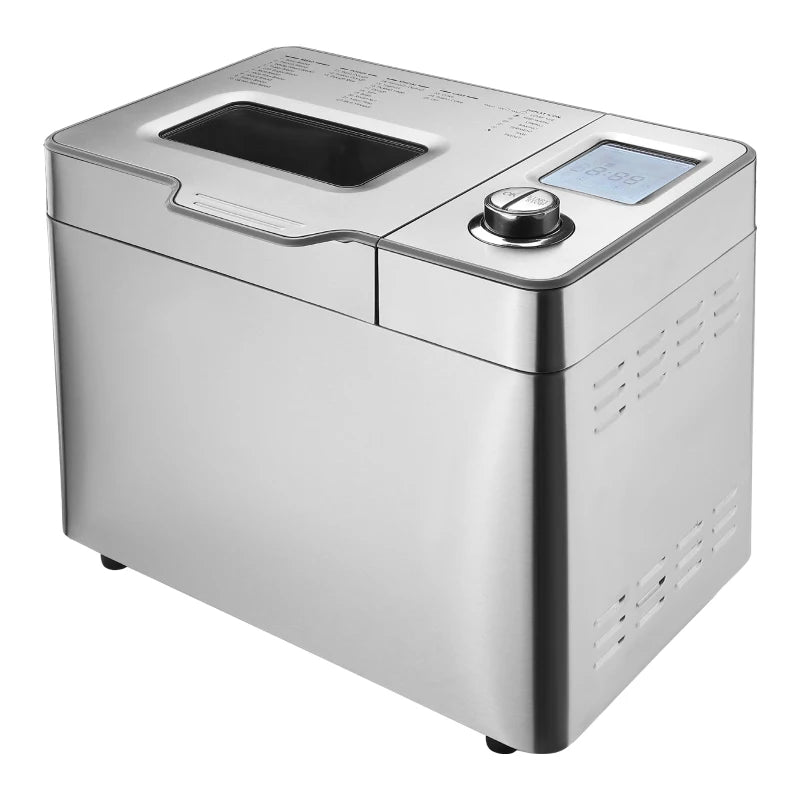 HOMCOM Bread Maker 25 in 1 9 KG Capacity Programmable Stainless Steel Dough Maker with Auto Fruit Nut Dispenser Nonstick Pan 3 Loaf Sizes 3 Crust Colours Keep Warm Time Delay, 550W 0.9KG