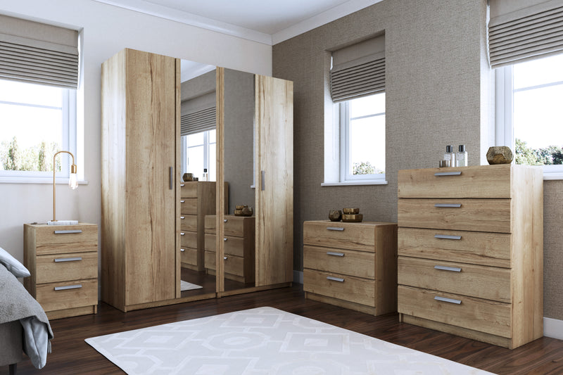 Buckingham Ready Assembled Wardrobe with 4 Doors & 2 Mirrors - Natural Rustic Oak