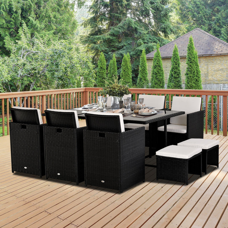 Outsunny Rattan Dining Set Garden Furniture Patio set 11 PC with Cushion Black /Milk  White
