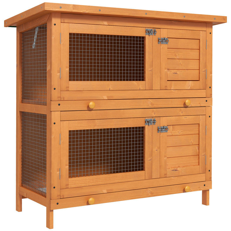 Pawhut 90 x 45 x 90 cm 2 Tiers Rabbit Hutch Wooden Pet Cage W/ Run Bunny House