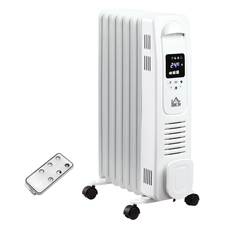 Home Savers 1630W Oil Filled Radiator, 7 Fin Portable Heater w/ Timer Remote Control White