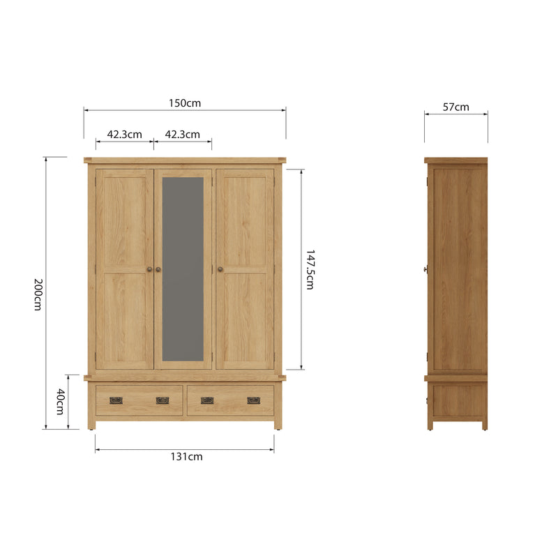 Tunbridge Oak Wardrobe 3 Door with Mirror 149 x 57 x 200 cm