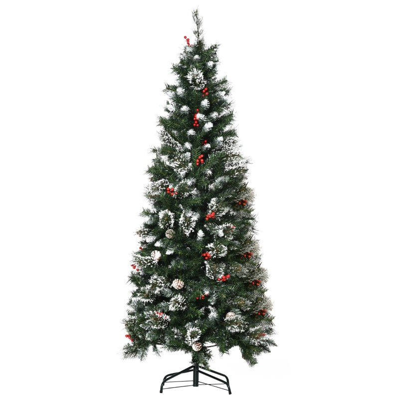 HOMCOM Christmas Tree Snow Dipped Slim 6' with Pine Cones & Berries