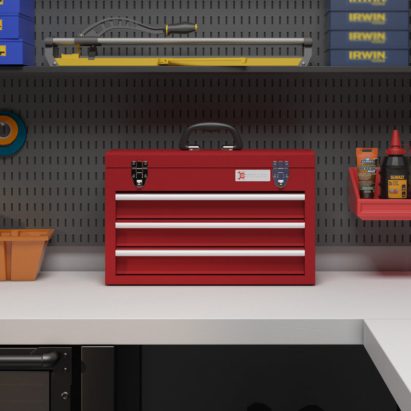 DURHAND Lockable 3 Drawer Tool Chest With Ball Bearing Slide Drawers Red