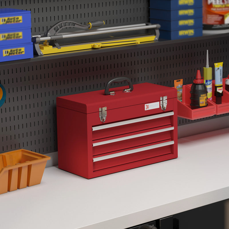 DURHAND Lockable 3 Drawer Tool Chest With Ball Bearing Slide Drawers Red