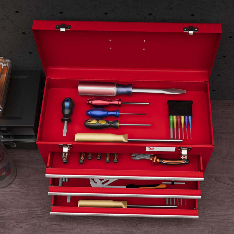 DURHAND Lockable 3 Drawer Tool Chest With Ball Bearing Slide Drawers Red