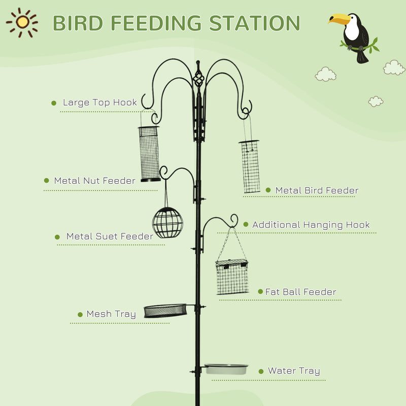 PawHut Bird Feeding Station Kit Wild Bird Feeder Pole w/ 6 Hooks 4 Hanging Feeders
