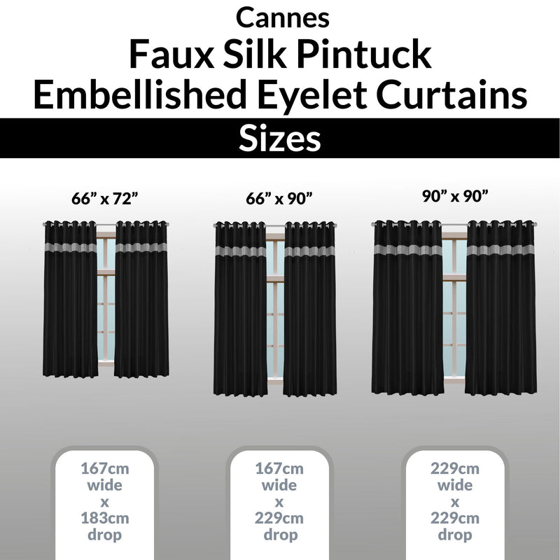 Cannes Eyelet Curtains -  Faux Silk Pintuck Embellished  - Black