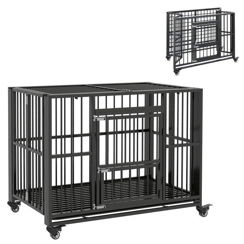 PawHut 43" Foldable Heavy Duty Dog Crate w/ Locks, Removable Tray, Wheels