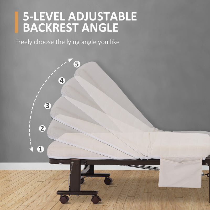 HOMCOM Folding Bed with Mattress & Wheels, Adjustable Backrest Guest, White