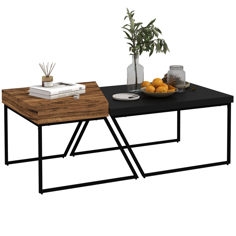 HOMCOM Coffee Table Set of 2, Geometric Coffee Table with Spacious Legroom, Steel Frame and Thick Tabletop, Industrial Coffee Tables for Living Room, Rustic Brown
