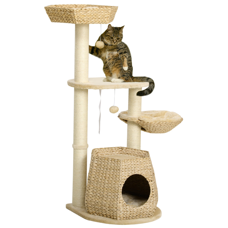 PawHut Cat Tree Activity Centre with Cattail Fluff Bed House Sisal Post Ball