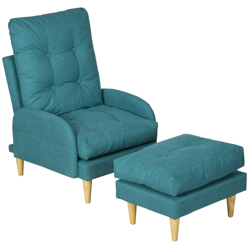 HOMCOM Modern Upholstered Armchair with Footstool Adjustable Back Blue