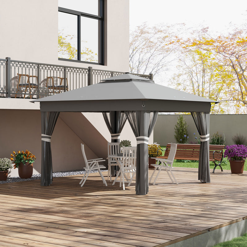 Outsunny 3x3(m) Pop Up Gazebo w/ Solar-Powered LED Lights Curtain Netting Grey