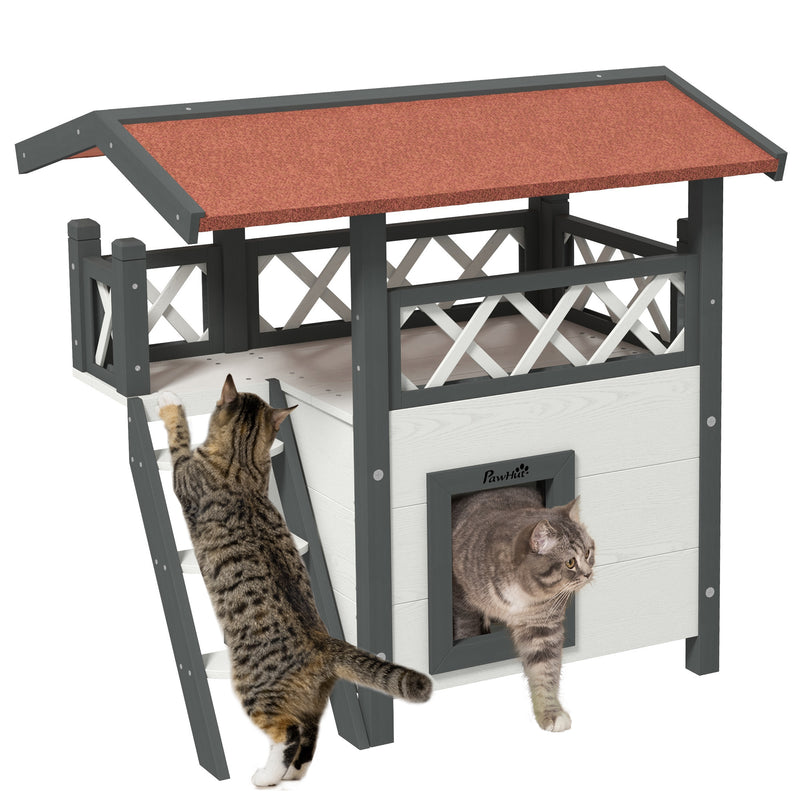 PawHut Outdoor Cat House w/ Balcony Stairs Roof, White