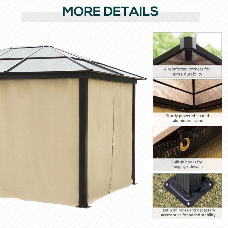 Outsunny 3 x 3.6(m) Hardtop Gazebo Canopy with Polycarbonate Roof and Aluminium Frame, Garden Pavilion with Mosquito Netting and Curtains, Brown